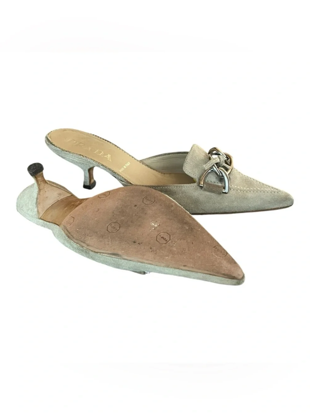 Prada Vintage Suede Mule Kitten Heels Khaki 38 (US 7.5–8) Chain Pointed Toe - Picture 3 of 6